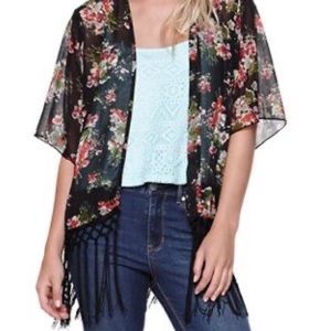 Sheer Floral kimono with fringe
